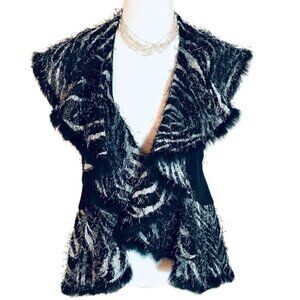 Alberto Makali Women's Animal Print Cardigan/Vest with Rabbit Fur Trim - Size M